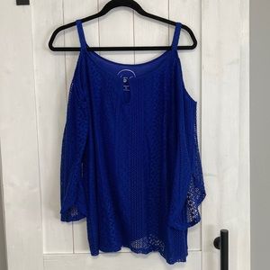 INC Blue Crochet Cold Shoulder Top